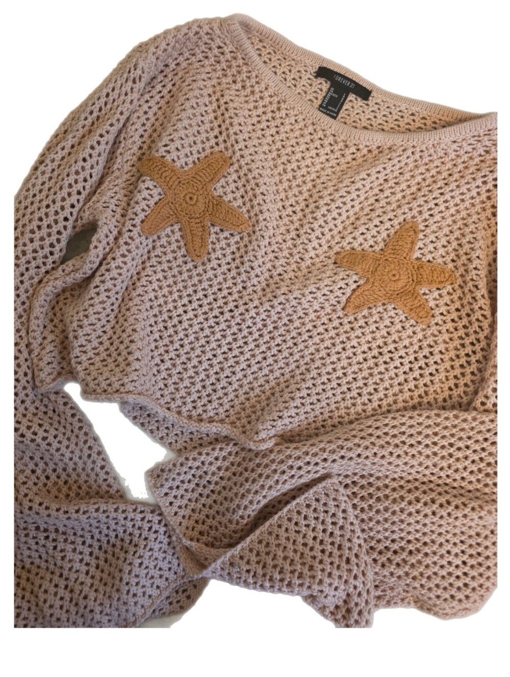 Forever 21 Open-Knit Starfish Applique Bell Sleeve Sweater Sz L